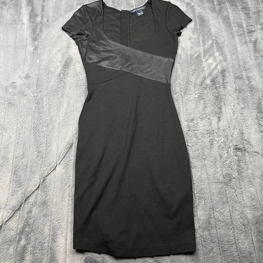 French Connection Black Faux Leather Trim Bodycon Sheath Dress Size 0 RN 53372